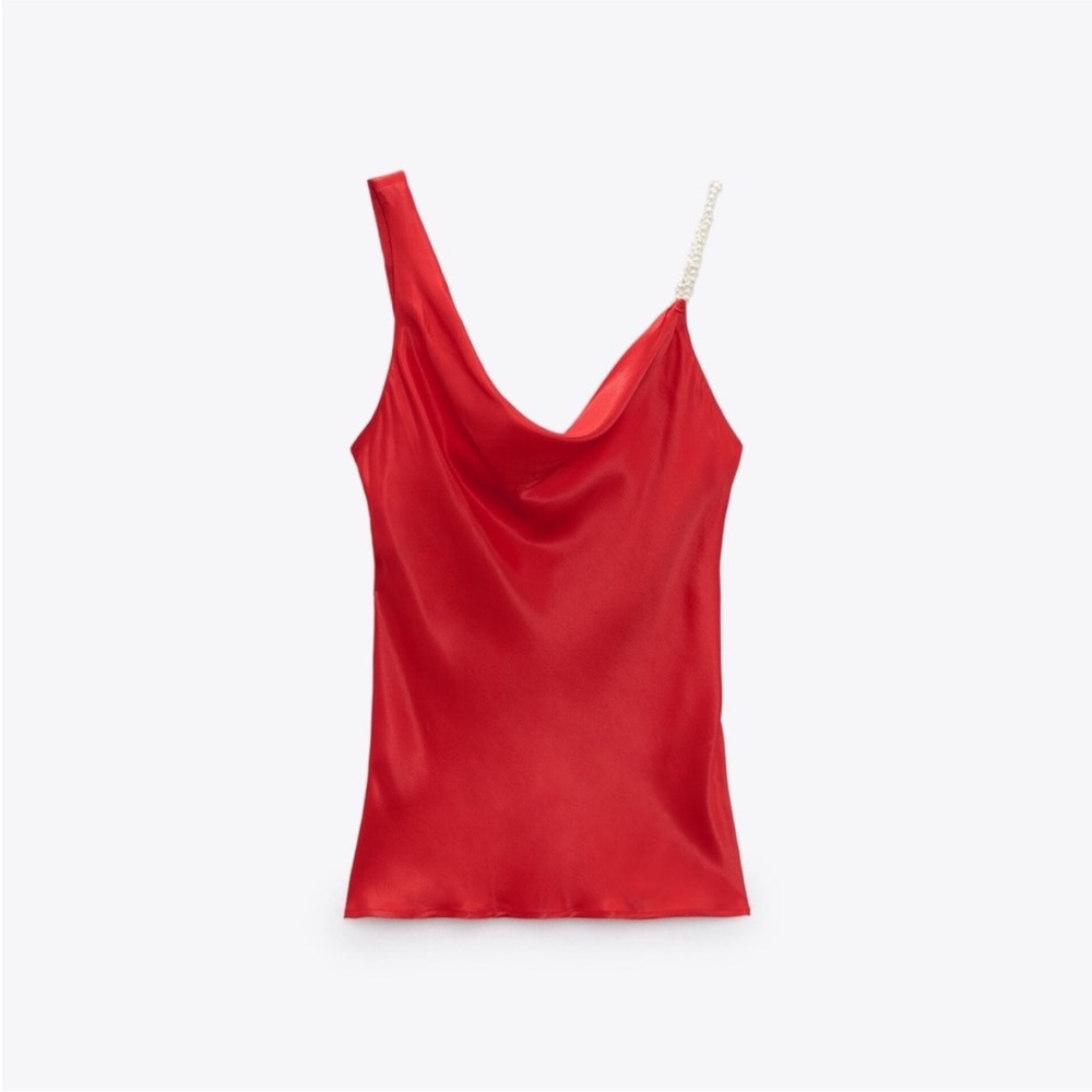 Zara Red Satin Cowl Neck Tank with Chain Strap